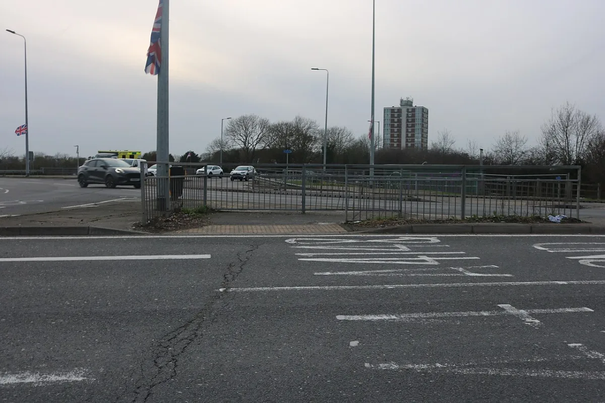 The A414 at the Clock Tower Roundabout, photographed in February 2026