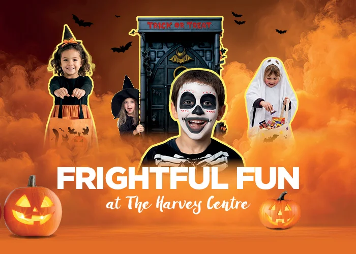 The Harvey Centre's Halloween poster: children in costume and face paint by a Trick or Treat door