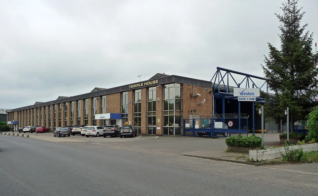 River Way in Harlow, the street where Ovenden Papers was based. The building shown is Temple House, not Ovenden's premises
